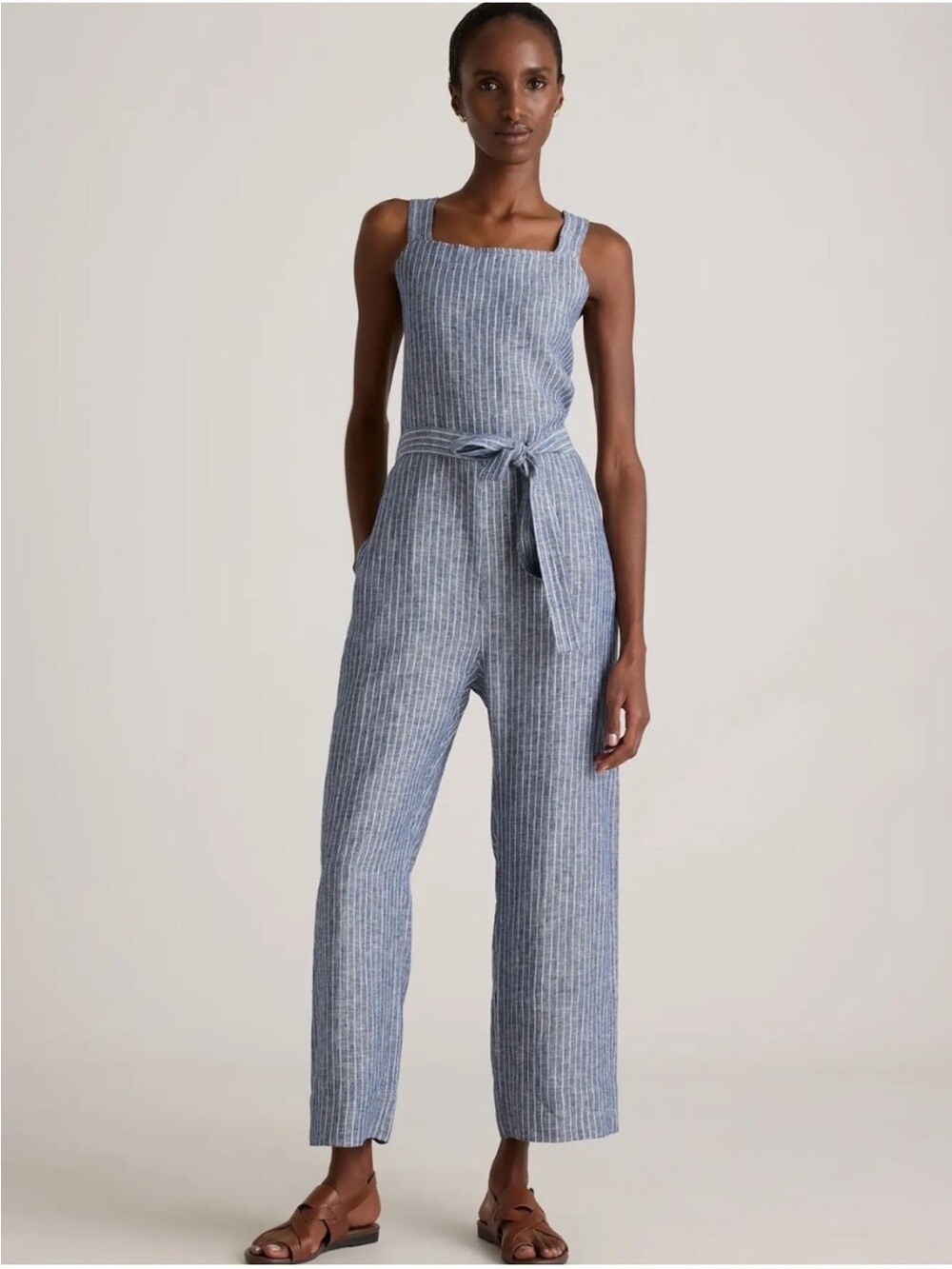 Quince 100% European Linen Square Neck Jumpsuit In Chambray Stripe